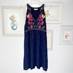 Thml Navy Floral Embroidered Sleeveless Metallic Dress Women’s Size Medium